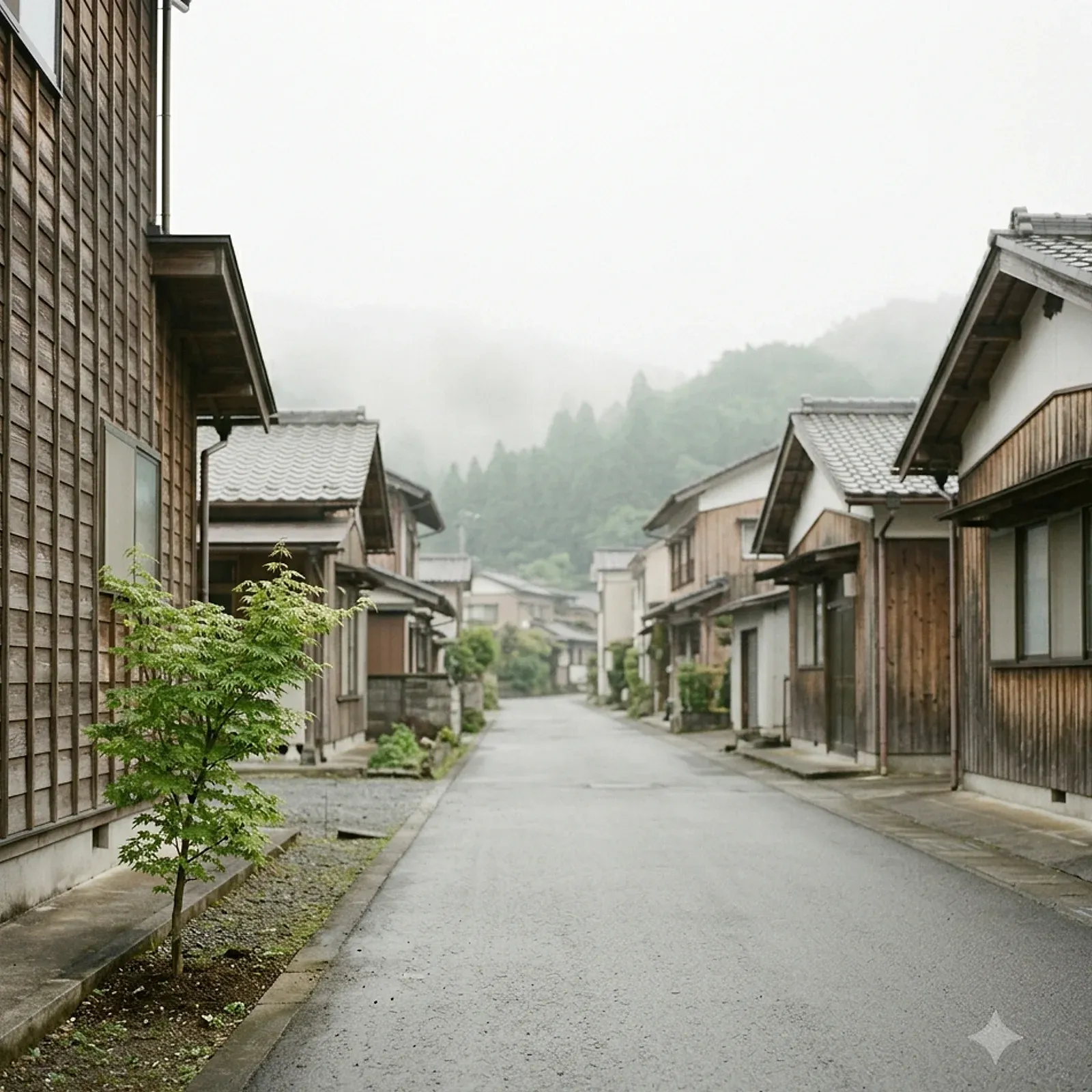 神奈川県愛川町。丹沢山地の南麓、霧の立つ早朝の閑静な住宅街と裏山の森。