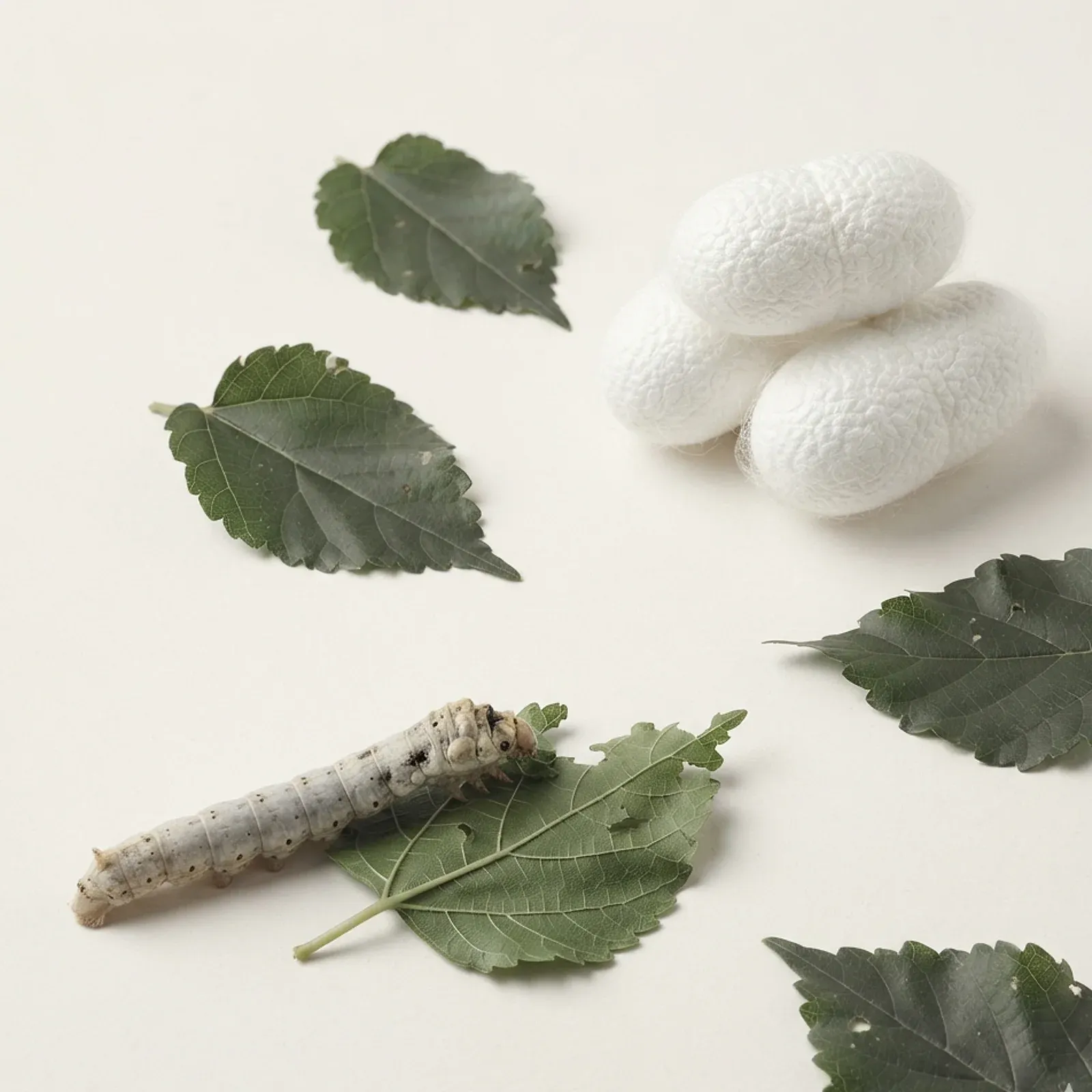桑の葉を食む蚕の幼虫と、完成した白い蚕繭。自然光のマクロ静物。
